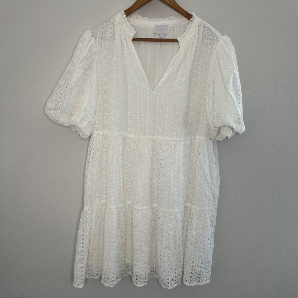 Sugar Lips White CottageCore Dress Lace Puff Sleeve MIDI Tiered L Boho Prairie L